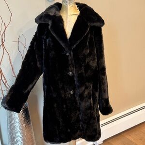 Vintage 1960s Mincara Faux Fur‎ Swing Coat Black Leather Interior Trim